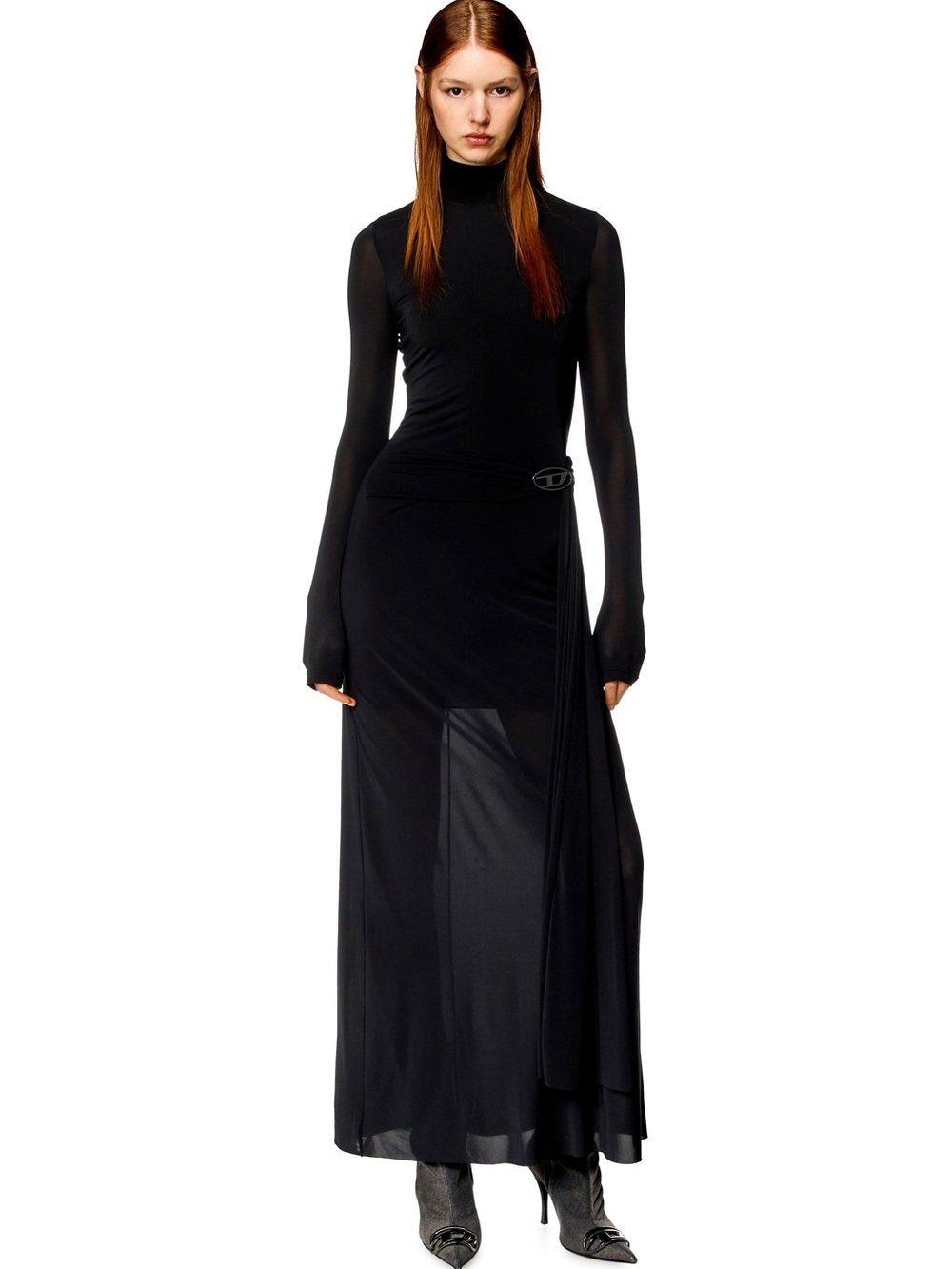 Diesel Black Sheer-Sleeve Turtleneck Maxi Dress